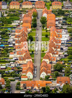 Luftbild, Luftbild, ovales Wohnhaus Ulmenhof mit roten Dächern, Bergarbeitersiedlung, Gartenstadt, Ahlen, Ruhrgebiet, Nordrhein-Westfalen, Deutschland, Stockfoto