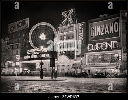 Retro Vintage Paris B&W 1930er Jahre The Moulin Rouge Historic Montmartre Paris France at Night Alcohol Drinks Werbetafeln, Cinzano, Pernod, DuPont. Lion Noir. 1936: Frankreich, Paris Moulin Rouge Fotograf: Willem van de Poll Stockfoto