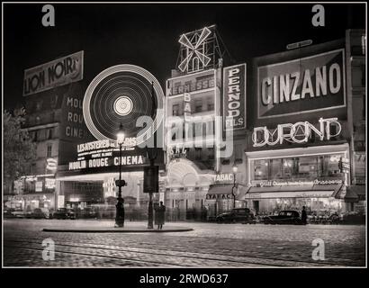 Retro Vintage Paris B&W 1930's The Moulin Rouge The Boulevard de Clichy Historic Montmartre Paris France at Night Alcohol Drinks Advertising Hoardings, Cinzano, Pernod, DuPont. Lion Noir. 1936: Frankreich, Paris Moulin Rouge Fotograf: Willem van de Poll Stockfoto