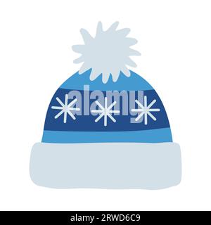 Blaue gestrickte Wintermütze mit Pompon und Schneeflocken, flache Vektorillustration Stock Vektor