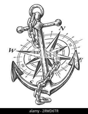 Handgezeichneter Anker mit Kette und nautischem Kompass im Gravurstil. Skizzieren Sie eine Vintage-Illustration Stockfoto