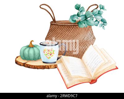 Herbstkomposition mit Kürbissen, Eukalyptus, Kakao und Buch. Herbststimmung, gemütliches Zuhause, Thanksgiving, Erntefest. Von Hand gezeichnetes Aquarell für Poster Stockfoto