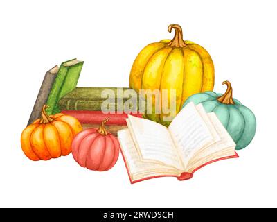 Herbstkomposition mit Kürbissen und Büchern. Bestseller, Herbststimmung, gemütliches Zuhause, Erntedankfest. Handbemalte Aquarelle für Poster, n Stockfoto