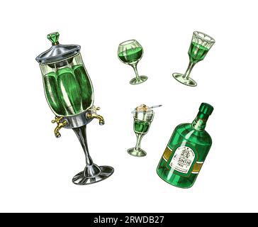 Flasche Absinthe Glass Shot. Frau mit einem Toastgetränk. Pot Swan halked Kupfer stills Destillerie für die Herstellung von Alkohol. Etikett für Retro-Poster Stock Vektor