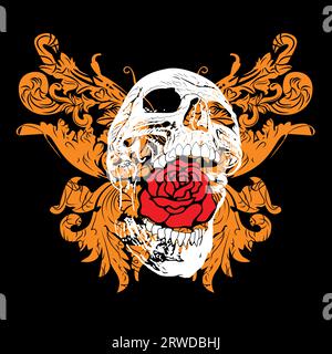 T-Shirt-Design eines Schädels mit einer Rose und einem Schmetterling isoliert auf Schwarz Stock Vektor