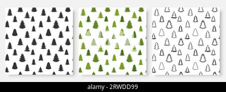 Nahtloses Silhouetten-Set mit Weihnachtsbaum und schwarzer, grüner Linie. Urlaub lineare Weihnachtskarte editierbare Schlaganfall Wald immergrüne Stempel Dekor Neujahr Druck Textilpapier Geschenkpapier Tapete Winter Design Stock Vektor