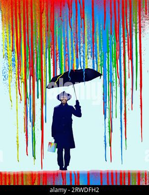 Ein Mann mit einem Eimer Farbe steht unter mehr tropfender Farbe mit seinem Regenschirm zum Schutz in einer 3D-Illustration über Farben oder Farben Stockfoto