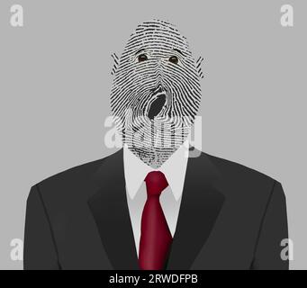 Ein Fingerabdruck erscheint als Gesicht eines Mannes in einer 3D-Illustration über Identifikationstechnologie und Sicherheit. Stockfoto