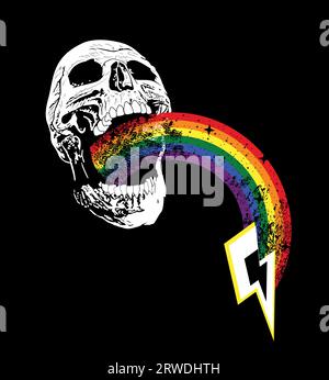 T-Shirt-Design mit einem Totenkopf und einem Regenbogen, der aus dem Mund kommt, und dem Symbol des Donnerblitzes. Gute Illustration für den Tag des schwulen Stolzes Stock Vektor