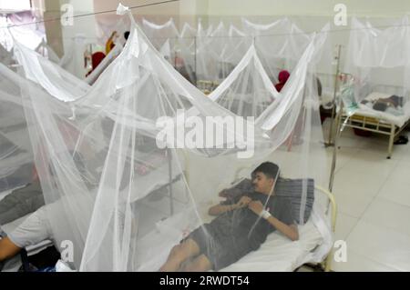 Dhaka. September 2023. Dengue-Patienten erhalten eine Behandlung in Moskitonetzen in einem Krankenhaus in Dhaka, Bangladesch, 18. September 2023. Bangladesch meldete am Montag 3.084 neue Dengue-Fälle und 17 neue Todesfälle, was die Zahl auf 170.768 und die Zahl der Todesopfer bis jetzt auf über 800 in diesem Jahr erhöht, sagte die Generaldirektion für Gesundheitsdienste (DGHS) unter dem Gesundheitsministerium. Quelle: Xinhua/Alamy Live News Stockfoto