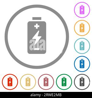 Akku mit Energiesymbol flache Farbsymbole in runden Umrissen auf weißem Hintergrund Stock Vektor