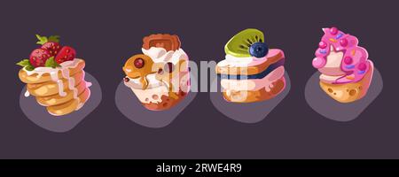 Pancake und Kuchen Dessert Vektor-Symbol Illustration. Cartoon süßes Frühstück, isoliert. Erdbeerteig und Honig-Panna-Snack-Design für die Speisekarte. Amerikanische Bäckerei mit Beeren und Meringue Stock Vektor