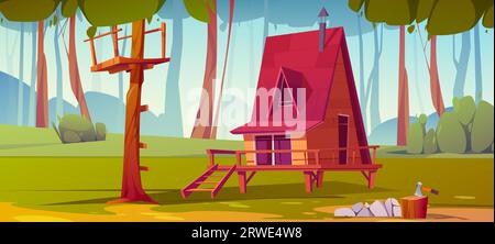 Holzhütte im Sommerwald. Vektor-Karikaturillustration des Glamping-Hauses auf der Wiese, umgeben von grüner Frühlingsnatur, Axt und Steinhaufen in der Nähe von Cottage, Leiter auf hohem Baum, Spielhintergrund Stock Vektor