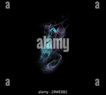 Blauer Rauch, Studio und Wolke wirbeln mit düsterem Nebel, Gas und kreativer Kunst mit schwarzem Hintergrund und Magie-Effekt. Dampf, mystische Aura und farbenfrohe Farben Stockfoto