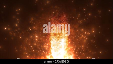 Abstrakte orangefarbene Flamme, Lagerfeuer, rot-heiße, geschmolzene Lava, die mit Feuer von der Erde mit magischer Energie auf einem dunklen Hintergrund glüht. Abstrakter Hintergrund Stockfoto