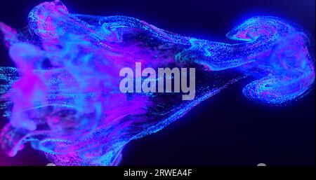 Abstrakte Fluidexplosion schillernde blaue und violette Wellen, die mit Unschärfe-Effekt und Energie leuchten magisches Bokeh auf dunkelblauem Hintergrund. Abstraktes Backgrou Stockfoto