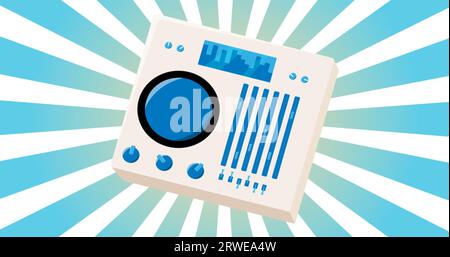 Retro-Audio-Musik-dj-Konsole für Partys mit Vinyl-Platte alter Vintage-Hipster für Geeks aus den 70er, 80er, 90er Jahren auf Blue Rays Hintergrund. Stockfoto