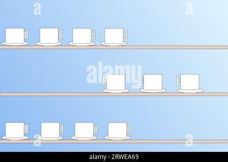 Weiße Kaffeetassen verteilt auf drei Regalen, Abbildung Stockfoto