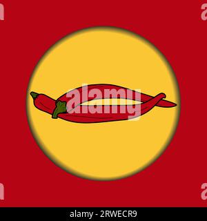 Zwei rote heiße Chilischoten auf geschnittenem Papierhintergrund in trendigen hellen Farben. Mexikanisches, würziges Essen. EPS. Vector Design für Gruß- oder Einladungskarten, Poster, Banner, Broschüren, Preisschild, Label oder Web Stock Vektor