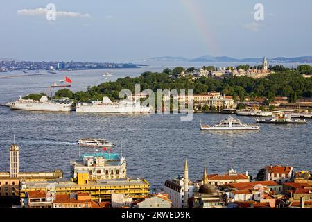 Stadt Istanbul, Stadtbild, Blick vom Beyoglu-Viertel auf die Bosporusstraße und Topkapi-Palast auf einem Hügel Stockfoto