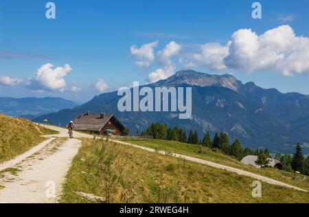 Alpenlandschaft mit Mountainbikern, Blick von Breitenberg nach Wolfgangsee und Schafberg, Salzkammergut, Salzburger Land, Österreich Stockfoto