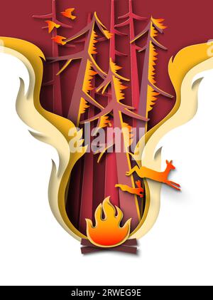 Brennender Wald mit Fichtenbäumen am Feuer und laufenden Tieren Stock Vektor
