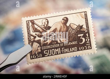 Finnische commemorative Stempel aus dem Jahr 1938. Besiedlung von Delaware (von finnischen Siedlern) Stockfoto
