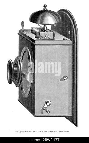 Edisons Chemikalientelefon. Gravur wurde ursprünglich 1879 im Scribners Magazine veröffentlicht Stockfoto