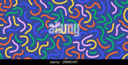 Farbenfrohes Doodle-Muster. Lustiges, lebendiges Muster. Bunte gekrümmte Linien isoliert auf blauem Hintergrund. Stock Vektor