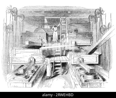Ein Tag in den Staffordshire Potteries: Mill-Room, wo die Zutaten für die Töpferei gemischt werden. Gravur einer britischen Zeitschrift, gedruckt 1843 Stockfoto