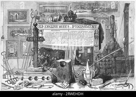 Alte englische Strafmethoden. Verschiedene Folter- und Demütigungsgeräte. Gravur aus einem englischen Magazin, gedruckt 1864. 1. Vorräte und Stockfoto