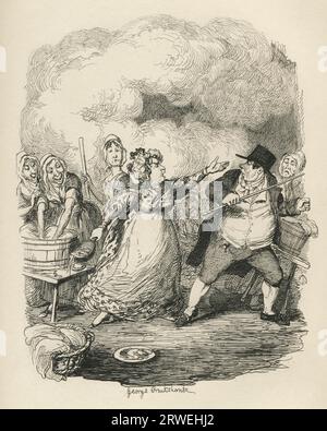 Herr Bumble hat sich in den Augen der Armen verschlechtert. 19. Jahrhundert Illustration von Charles Dickens Oliver Twist. Illustration von George Cruishank Stockfoto