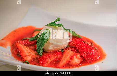 Nachtisch aus frischer französischer Erdbeere und Minze mit Vanilleeis in einem französischen Restaurant am Carre d Or oder Goldenen Platz von Nizza, Südfrankreich Stockfoto