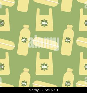 Biologisch abbaubare Verpackungsbeutelbox mit grünem Muster, Behälterflasche. Umweltkonzept. Vektorillustration Stock Vektor