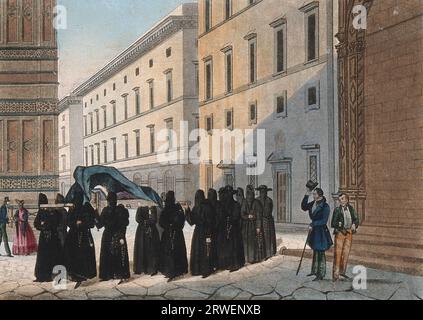 Mönche tragen eine Leiche in einem religiösen Trauerzug, Passanten respektieren, 1846, Florenz. Italien, historische, digital restaurierte Reproduktion aus dem 19. Jahrhundert. Stockfoto