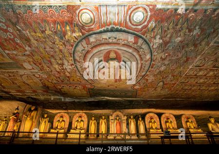 Das spektakuläre Innere von Cave Two (Maharaja Viharaya), einschließlich Wandmalereien an den Dambulla Cave Tempeln in Sri Lanka. Stockfoto