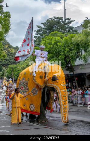 Ein Tempelpfleger, der auf einer zeremoniellen Elefantenparade entlang einer Straße während des Tages Perahera in Kandy in Sri Lanka reitet. Stockfoto