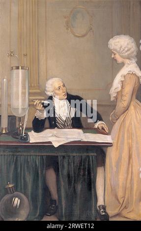 Lavoisier erklärt seiner Frau das Ergebnis seiner Experimente mit Luft, Antoine Laurent de Lavoisier (26. August 1743 - 8. Mai 1794) war eine französische Chemikerin und Naturwissenschaftlerin, Rechtsanwalt, Chefzoll-Mieterin, Wirtschaftswissenschaftlerin und Leiterin der französischen Pulververwaltung Historical, digital wiederhergestellte Reproduktion eines Originals aus dieser Zeit Stockfoto