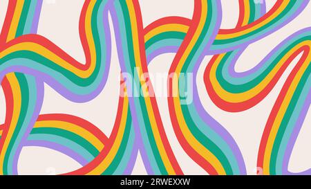 Retro-Regenbogenhintergrund im Stil der 60-70er Jahre. Bunte Streifen auf beigefarbenem Hintergrund. Vintage-Wellenlinien, grooviges Design. Trendige Illustration mit Hippie-Motiv Stock Vektor