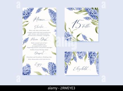 Hochzeitskarte mit Blumenmotiv, Tisch und Begleitkarten mit blauen Hyazinthen. Vektorvorlage Stock Vektor