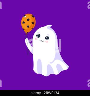 Halloween kawaii Geisterfigur hält bunten Ballon. Cartoon niedliche Vektor-Spook-Persönlichkeit, die mit ihrer verspielten und liebenswerten Präsenz Charme und Unschuld ausstrahlt und die Party mit einem bezaubernden Lächeln feiert Stock Vektor
