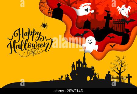 Halloween-Banner in Papierform mit Burg, Geistern und Friedhofsgräbern. Vektor-Grußkarte mit schwarzer Silhouette von Spukhaus, Friedhof und 3D welligen Rahmen mit lustigen Spooks, Fledermäusen und Spinnen Stock Vektor