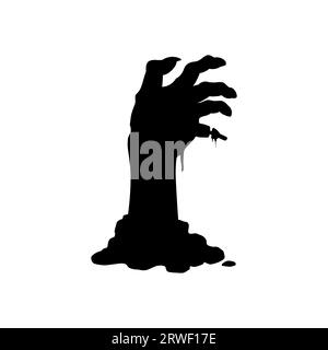 Zombie Hand schwarze Silhouette. Isolierter Vektor Halloween-Unheil, verfaulende Handfläche mit gezackten Fingern und klebrigem Knochen. Horrorsymbol des gruseligen und einschüchternden Arms, der aus dem Grab oder dem Boden auftaucht Stock Vektor