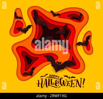 Halloween Papier geschnitten Fledermäuse, Horror Nacht Urlaub und gruselige Party Vektor Hintergrund. Happy Halloween Grußkarte und Trick or Treat Poster mit fliegenden schwarzen Fledermäusen und orangem Papercut von Boo Böse Stock Vektor