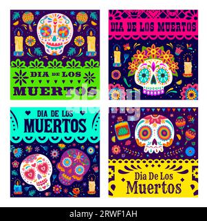 Dia de Los Muertos Banner mit mexikanischem Papelpicado oder papiergeschnittenen Fahnen, Vektor-Feiertagshintergrund. Day of Dead oder Dia de Los Muertos Weihnachtsbanner mit mexikanischem Kalavera-Schädel und Blumenschmuck Stock Vektor