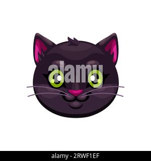 Cartoon Halloween Black Cat Emoji zeigt ein schlankes Katzengesicht mit einem dunklen Mantel und fesselnden grünen Augen. Isoliertes süßes Vektortier-Kopf-Emoticon, das mit Aberglauben und Hallowmas-Feiertag verbunden ist Stock Vektor