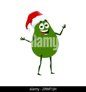 Comic-Avocado-Figur in Santa hat. Weihnachtsfeier tropische Früchte niedliche Persönlichkeit oder isoliertes Vektormaskottchen, Winterferien lustiger Charakter der rohen Avocado mit Weihnachtsmannhut Stock Vektor