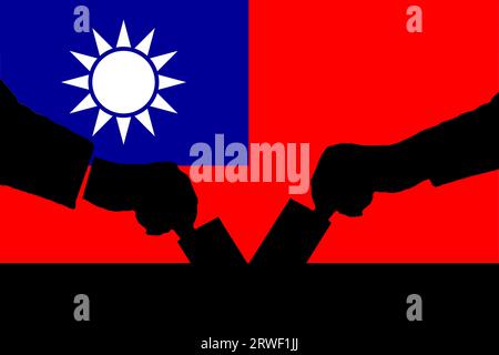 Taiwanesische Flagge und Silhouettenkombination für die Wahl. Beschreiben Sie die Lage und die Ergebnisse der Wahlen in Taiwan im Jahr 2024. Basiskarte und Hintergrundkonzept Stockfoto