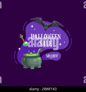Halloween-Sonderabzeichen mit furchterregender Fledermaus, Hexenkessel und Trinkflasche auf Amöbenblüten. Isoliertes violettes Vektoretikett oder Banner für gruselige festliche Rabatte und Preisnachlässe bei Sonderveranstaltungen Stock Vektor
