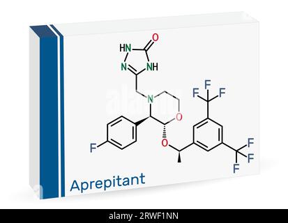 Aprepitant-Arzneimittelmolekül. Es wird zur Behandlung von Übelkeit und Erbrechen angewendet, die durch Chemotherapie und Operation verursacht werden. Skelettchemische Formel. Papierverpackung für d Stock Vektor